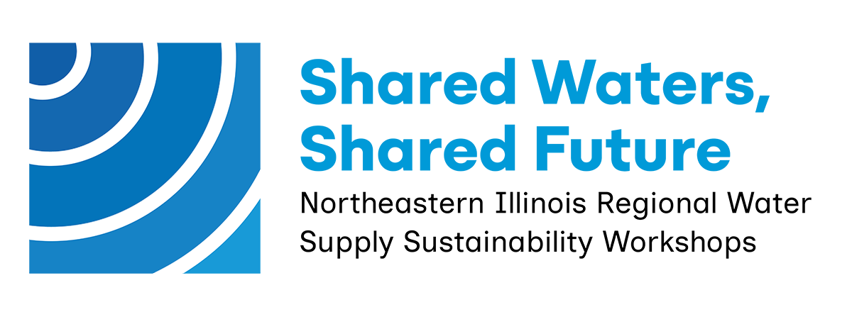 Shared Water, Shared Future logo. Northeastern Illinois Regional Water Supply Sustainability Workshops. Logo of a blue water ripple