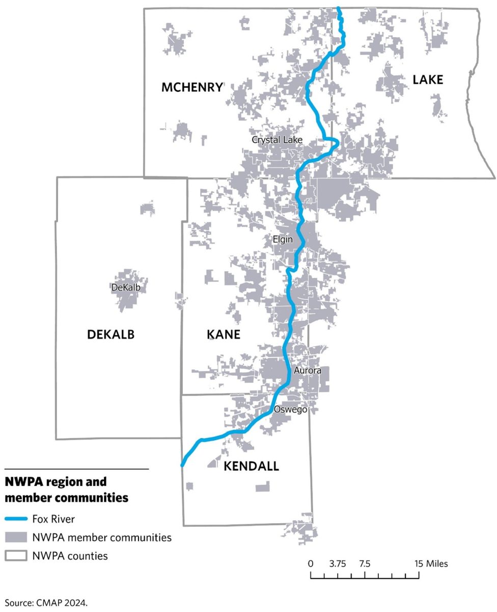Map of Northwest Water Planning Alliance region. Counties include McHenry, Lake, DeKalb, Kane, and Kendall. Municipalities include most along the Fox River, and large cities like Crystal Lake, Elgin, Aurora, Oswego, and DeKalb.